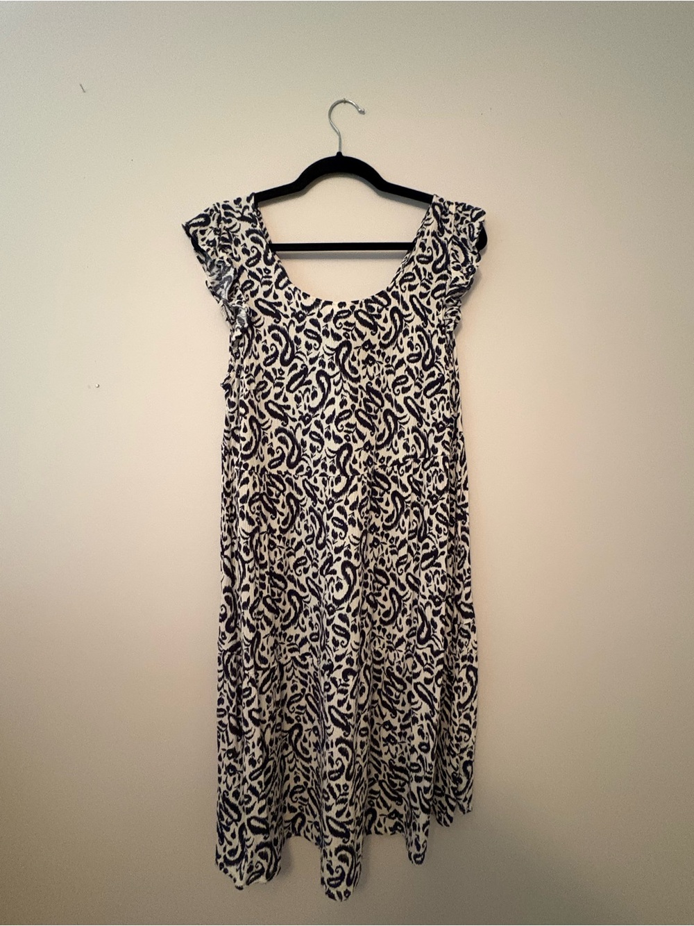 Navy Blue & Cream Paisley Crinkle Tie-Back Flutter Sleeve Midi Dress Size XL